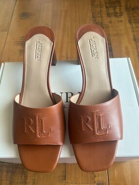 Ralph Lauren Tan Leather RLL Embroidered Slide Mules